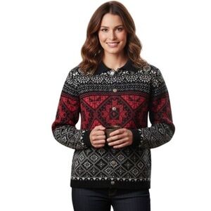 Pendleton Women’s Vintage Nordic Pattern Cardigan in Red and Black Medium